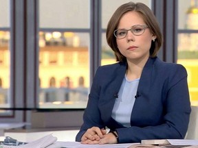 Journalist and political expert Darya Dugina, daughter of Russian politologist Alexander Dugin, is pictured in the Tsargrad TV studio in Moscow, in this undated handout image obtained by Reuters on Sunday, Aug. 21, 2022.