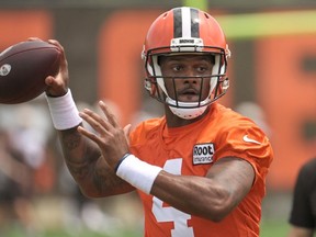 Cleveland Browns quarterback Deshaun Watson throws a pass during training camp. The NFL is hoping the hiring of a new lawyer will help extract the proper amount of punishment for Watson.