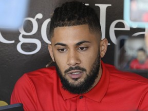 Fernando Tatis Jr. of the San Diego Padres speaks at news conference before a game against the Cleveland Guardians Aug. 23, 2022 at Petco Park in San Diego, Calif.