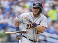 Tigers batter Miguel Cabrera tosses hit bat after hitting a pop fly against the Blue Jays in the second inning at the Rogers Centre in Toronto, July 30, 2022.