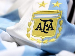 This file photo taken on April 25, 2018, shows the jersey of the Argentinian national football team for the FIFA 2018 World Cup football tournament, in Paris.