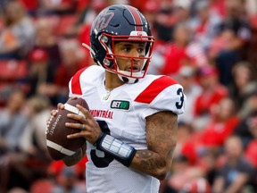 Montreal Alouettes quarterback Vernon Adams looks for a receiver during first half against the Calgary Stampeders in Calgary on June 9, 2022.