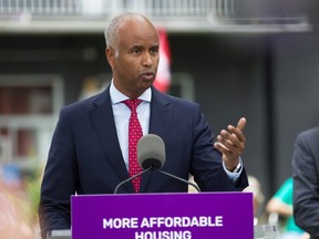 Housing and Diversity and Inclusion Minister Ahmed Hussen announces the start of repairs to 4,700 local public housing units outside Fontainebleau Towers in Windsor on Thursday, Aug. 4, 2022.