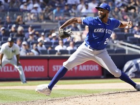 Kansas City Royals pitcher Amir Garrett delivers against the New York Yankees during the sixth inning of a baseball game, Saturday, July 30, 2022, in New York.