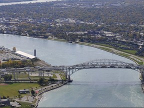 This file photo shows an aerial view of the Blue Water Bridge, near Sarnia, and the St. Clair River which runs between Ontario and Michigan.
