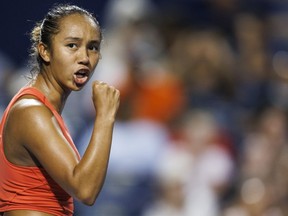Leylah Fernandez of Canada celebrates a point against Storm Sanders of Australia during women's tennis action at the National Bank Open in Toronto, Aug. 8, 2022.