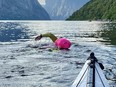 Greenland training swim in the Western Brook Pond in Newfoundland, Canada.