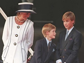 Princess Diana (left), Prince Harry, (centre), and Prince William gather for the commemorations of VJ Day, Aug. 19, 1995, in London.