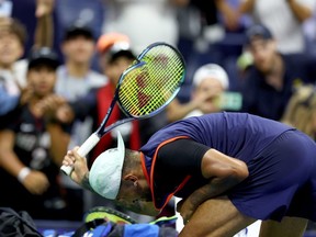 Nick Kyrgios of Australia smashes his racket after being defeated by Karen Khachanov in their Men?s Singles Quarterfinal match on Day Nine of the 2022 US Open at USTA Billie Jean King National Tennis Center on September 06, 2022 in the Flushing neighborhood of the Queens borough of New York City.