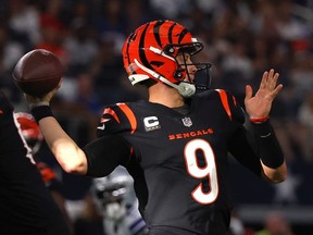 Joe Burrow of the Cincinnati Bengals passes the ball against the Dallas Cowboys during the second half at AT&T Stadium on September 18, 2022 in Arlington, Texas.