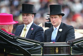 Queen Elizabeth II, Prince Andrew, Duke of York and Prince Harry during the royal procession on day 1 of Royal Ascot 2015 at Ascot racecourse on June 16, 2015 in Ascot, England.