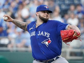 Blue Jays starting pitcher Alek Manoah delivers a pitch against the Royals in the first inning at Kauffman Stadium in Kansas, Mo., June 7, 2022.
