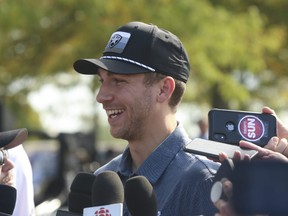 Toronto Maple Leafs Michael Bunting speaks to the media as they held their Leafs & Legends Charity Golf Classic at RattleSnake Point Golf Club in Milton in Toronto on Monday September 19, 2022.