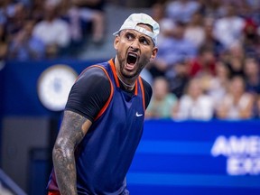 Australia's Nick Kyrgios reacts during his 2022 US Open Tennis tournament men's singles Round of 16 match against Russia's Daniil Medvedev at the USTA Billie Jean King National Tennis Center in New York, on September 4, 2022.