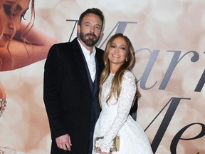 Ben Affleck and Jennifer Lopez attend the "Marry Me" premiere in Los Angeles, Feb. 8, 2022.