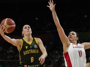 Australia's Steph Talbot shoots as Canada's Natalie Achonwa defends during their game at the women's Basketball World Cup in Sydney, Australia, Monday, Sept. 26, 2022.