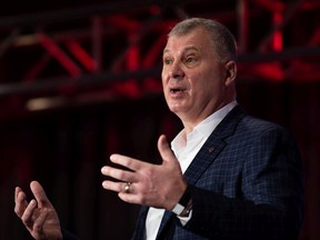 CFL commissioner Randy Ambrosie delivers his state of the league media address at the Hamilton Convention Centre during the CFL's Grey Cup week in Hamilton, Ontario on Friday, December 10, 2021.
