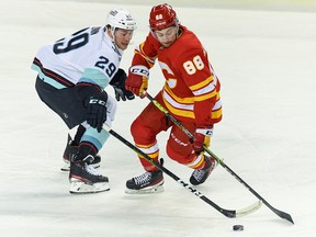 Flames forward Andrew Mangiapane in action against the Seattle Kraken on April 12, 2022.