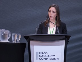 Sandra McCulloch, a lawyer with Patterson Law, representing many of the families of victims of the 2020 Nova Scotia mass shooting, addresses the Mass Casualty Commission inquiry on Monday, Sept. 20, 2022.