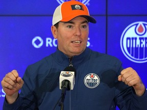 Edmonton Oilers head coach Jay Woodcroft answers questions at training camp on Thursday, Sept. 22, 2022 at Rogers Place in Edmonton.