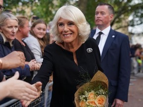 Queen Consort Camilla greets well-wishers at Clarence House in London, Sept. 10, 2022.