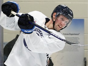 David Gustafsson throws a pass across the ice during Winnipeg Jets minicamp at Bell MTS Iceplex on Monday, Sept. 20, 2021.