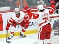 Detroit Red Wings forward Sam Gagner (left) celebrates his short-handed goal against the Jets in Winnipeg with Dylan Larkin on Wed., April 6, 2022.