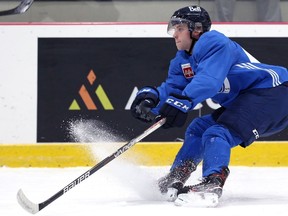 Brad Lambert slams on the brakes during a Winnipeg Jets Young Stars tournament team workout at Bell MTS Iceplex on Wed., Sept. 14, 2022. KEVIN KING/Winnipeg Sun/Postmedia Network