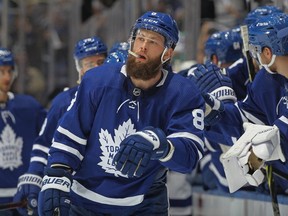 Jake Muzzin #8 of the Toronto Maple Leafs celebrates a goal against the Tampa Bay Lightning during the first period of Game One of the First Round of the 2022 Stanley Cup Playoffs at Scotiabank Arena on May 2, 2022 in Toronto, Ontario, Canada.