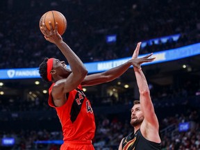 Toronto Raptors puts up a shot over Kevin Love #0 of the Cleveland Cavaliers during the second half at Scotiabank Arena on Oct. 19.