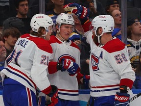 Christian Dvorak #28 of the Montreal Canadiens celebrates after scoring a goal against the St. Louis Blues during the third period at Enterprise Center on Oct. 29, 2022 in St Louis, Missouri.