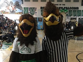 River Valley High School mascots Soara and Swoop.