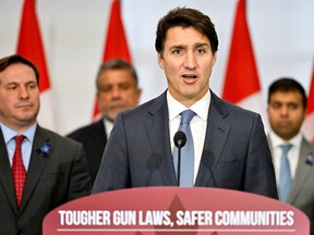 Canada's Prime Minister Justin Trudeau speaks at a news conference addressing the handgun sales freeze, in Surrey, British Columbia, Canada on Oct. 21, 2022.