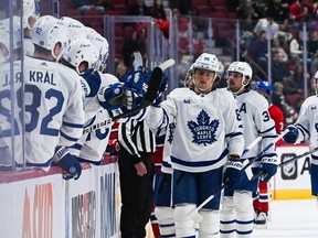 Maple Leafs winger William Nylander (88) celebrates scoring a preseason goal against Montreal. Nylander centre Nick Robertson and Denis Malgin at practice on Wednesday and should see more time in the middle during Toronto's final exhibition games.