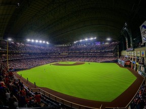 View of the field during Game 1 of the 2022 World Series between the Astros and Phillies at Minute Maid Park in Houston, Friday, Oct. 28, 2022.