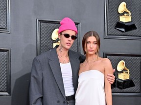 Justin and Hailey Bieber attend the Grammy Awards in Las Vegas, April 3, 2022.