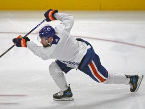 Edmonton Oilers player Devin Shore works on his shooting skills during practice on Thursday, Oct. 13, 2022, in preparation for their second game of the season on Saturday Oct. 15, 2022, against the Calgary Flames in Edmonton.