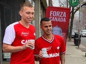 Canadian national team defender Alistair Johnston (left) and former TFC star Sebastian Giovinco join Budweiser Team Zero to encourage Canadians to rally behind Canada’ World Cup teammates in Qatar.