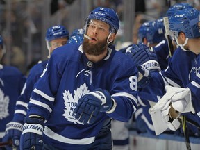 Jake Muzzin of the Toronto Maple Leafs celebrates a goal against the Tampa Bay Lightning during the first period of Game One of the First Round of the 2022 Stanley Cup Playoffs at Scotiabank Arena on May 2, 2022 in Toronto, Ontario, Canada.