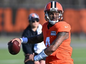 Deshaun Watson of the Cleveland Browns throws a pass during a practice at CrossCountry Mortgage Campus on November 23, 2022 in Berea, Ohio.