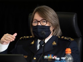 RCMP Commissioner Brenda Lucki responds to a question from counsel as she appears as a witness at the Public Order Emergency Commission, Tuesday, Nov. 15, 2022 in Ottawa.