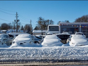 Cars are covered in snow at a dealership in Fort Erie, Ont., Nov. 20, 2022.