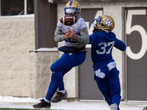 Winnipeg Blue Bombers Nic Demski (left) and Brandon Alexander fight for a jump ball in the end zone during practice at Leibel Field on Friday in Regina. The Bombers face the Toronto Argonauts on Sunday for the Grey Cup.  TROY FLEECE/Postmedia