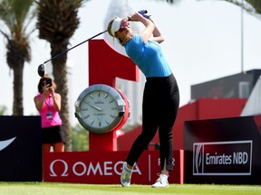 Paige Spiranac of United States tees off from the 1st hole during Day Three of the Omega Dubai Moonlight Classic at Emirates Golf Club on May 03, 2019 in Dubai, United Arab Emirates.
