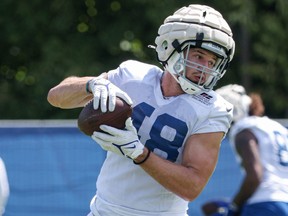Nikola Kalinic of the Indianapolis Colts is seen during training camp at Grand Park on August 3, 2022 in Westfield, Indiana.