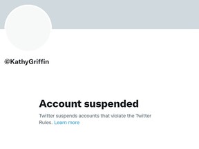A screengrab from Twitter shows celebrity Kathy Griffin's account suspended for impersonating new company owner Elon Musk, Sunday, Nov. 6, 2022.