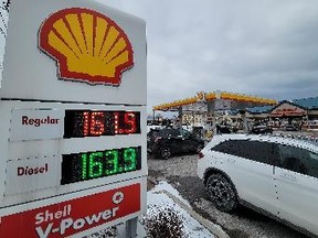 Gas prices are shown at a Newcastle, Ontario Shell station on Feb. 26, 2022.