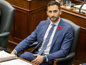 Ontario Education Minister Stephen Lecce answers questions in the Ontario Legislature during Question Period on Nov. 1, 2022, as members debate a bill meant to avert a planned strike by 55,000 education workers.
