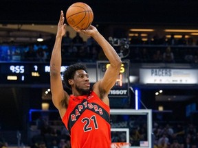 Toronto Raptors forward Thaddeus Young shoots the ball in the first quarter against the Indiana Pacers at Gainbridge Fieldhouse.