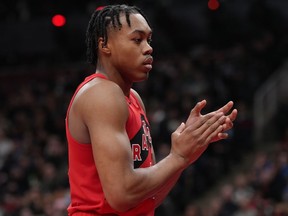 Toronto Raptors' Scottie Barnes reacts during first half NBA basketball action against the Miami Heat in Toronto on Wednesday, November 16, 2022.